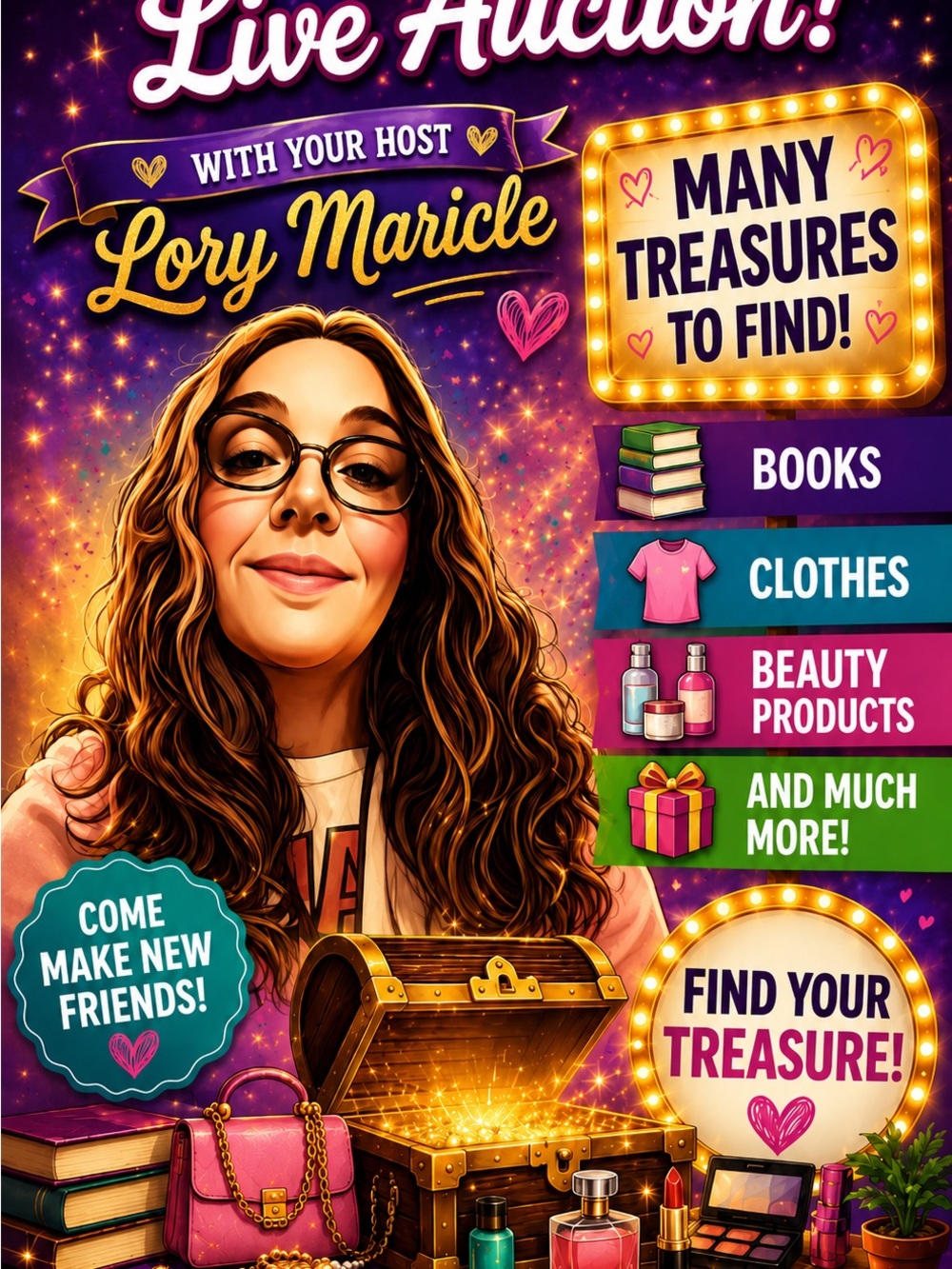 Live Auction Poster Featuring Host Lory Maricle - Vibrant Purple & Gold